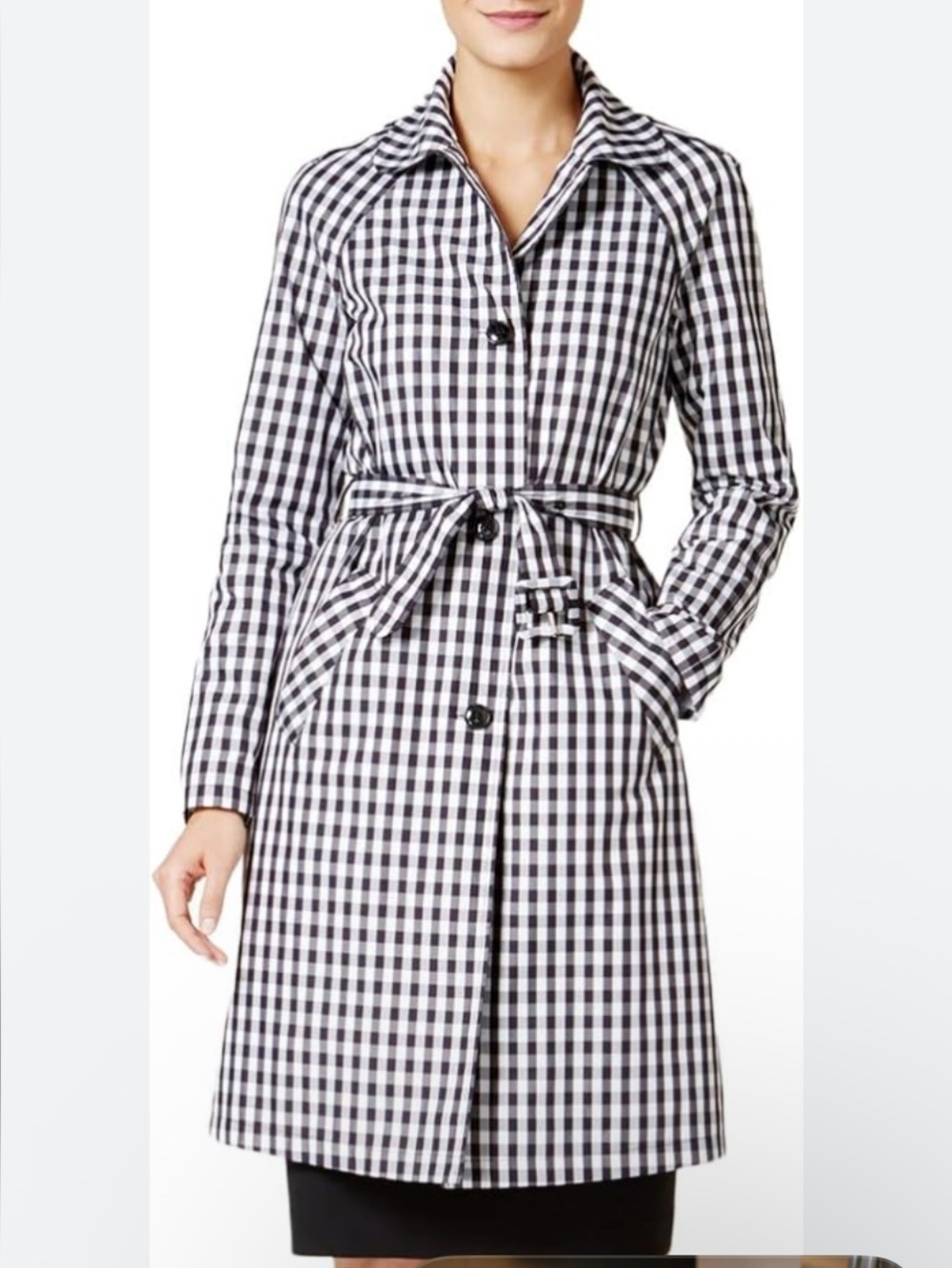 Anne Klein gingham trench coat features a classic belted waist